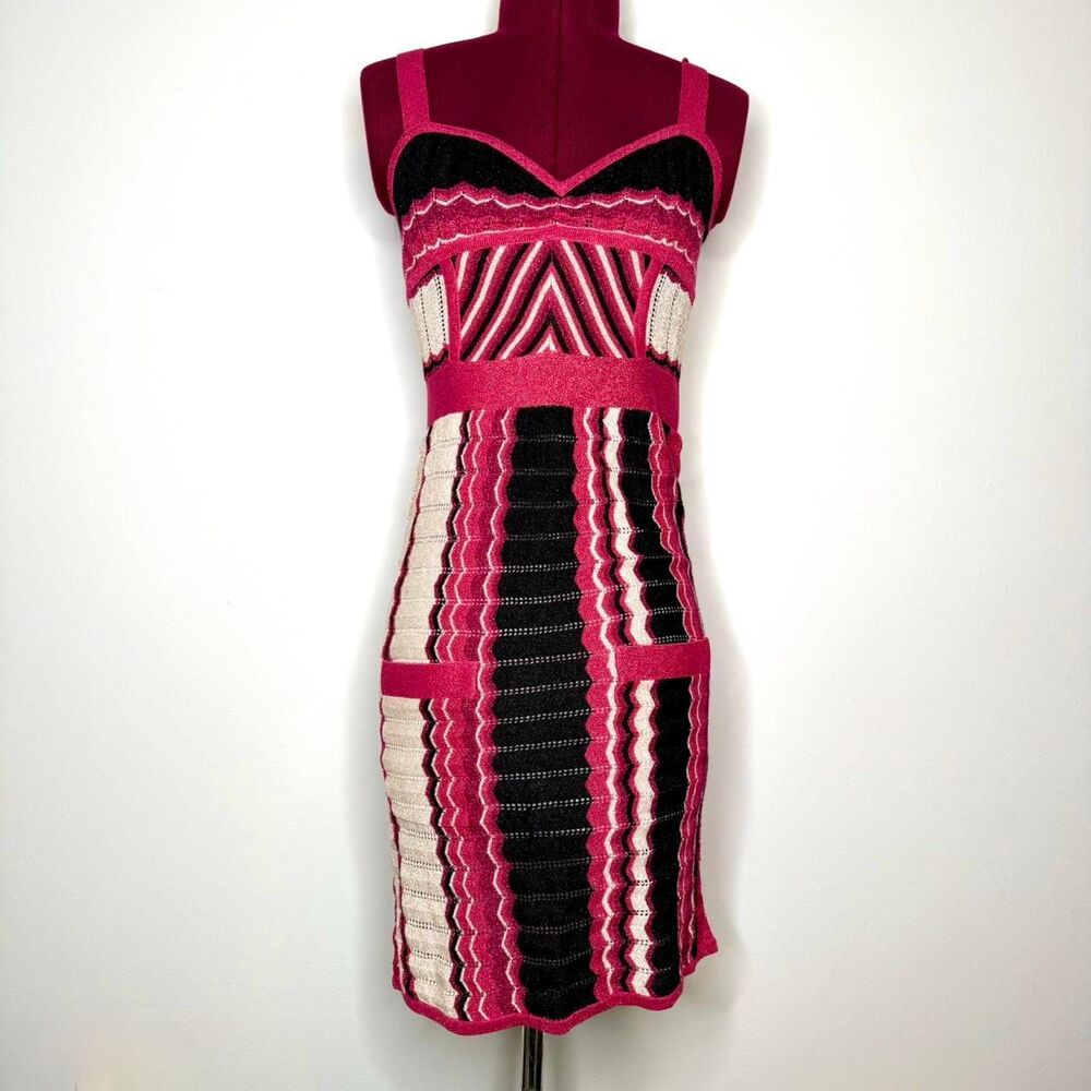 Vintage Y2K Bebe Pink Striped Sleeveless Metallic Knit Bandage Bodycon Dress
